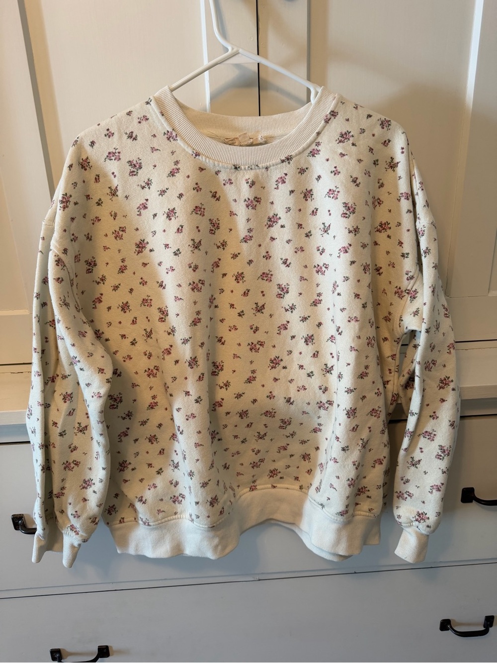 J.O.A. Cream Crewneck Sweater with Pink Floral Print